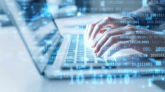 Data science and machine learning concept with binary code overlay on laptop keyboard view