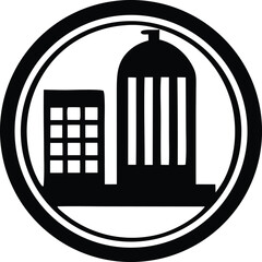Iconic circular emblem featuring modern architecture skyline silhouette industrial building and office tower within a bold ring