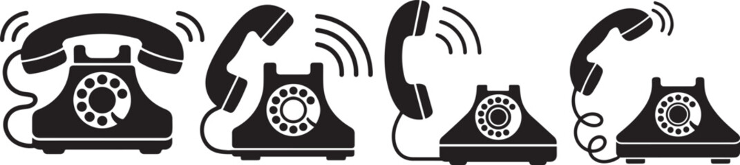 Retro telephone vector illustration set showing old rotary dial phones and ringing handsets, symbolizing vintage communication, customer service, contact, technology history, and business connection