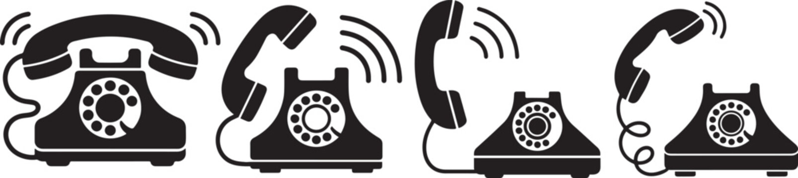Retro telephone vector illustration set showing old rotary dial phones and ringing handsets, symbolizing vintage communication, customer service, contact, technology history, and business connection