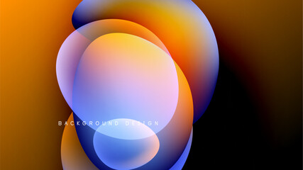 Abstract fluid shapes overlap, creating vibrant color gradients. Orange, blue, purple hues dominate dark background. Modern design element.