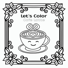 Cute Coffee Cup Latte Art Coloring Page Vector Illustration