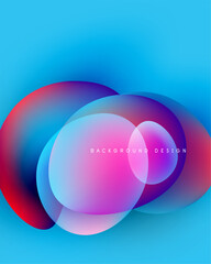 Abstract fluid shapes overlap, creating vibrant color gradients. Blue background complements pinks, purples, reds. Modern design element.