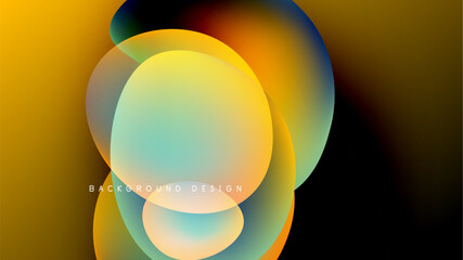 Abstract colorful shapes overlap, creating vibrant gradients. Background is dark, emphasizing luminosity, modern design elements present.