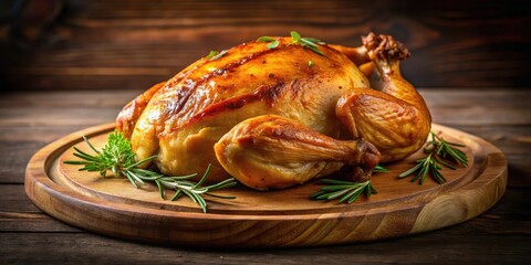 Sizzling roasted chicken with golden brown skin and juicy meat on a wooden platter