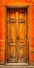Old wooden door with vibrant orange paint on the background