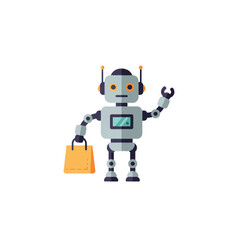 Friendly cartoon robot with antennae and a screen waving and holding an orange shopping bag.