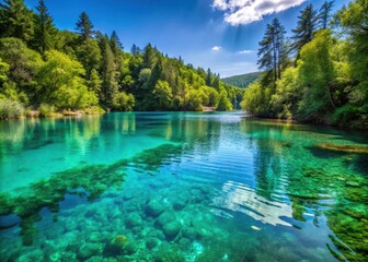 Crystal clear turquoise water of a lake in Croatia surrounded by lush greenery and pine trees on a sunny day