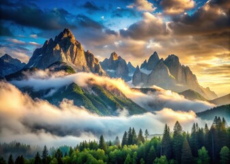 Serene Mountain Landscape with Towering Peaks and Misty Sky