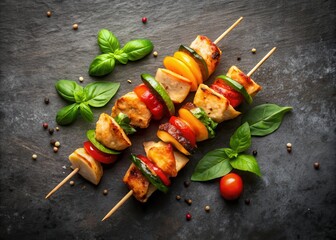 Overhead View of Two Grilled Chicken and Vegetable Skewers