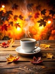 A steaming cup of coffee with a saucer on a wooden table