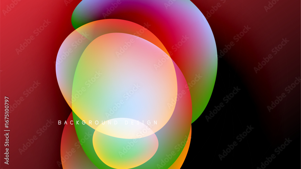 Wall mural abstract fluid shapes overlap, creating vibrant color gradients. background is dark, emphasizing bri