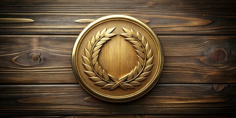 A luxurious golden medallion with intricate laurel wreath on a dark wooden background