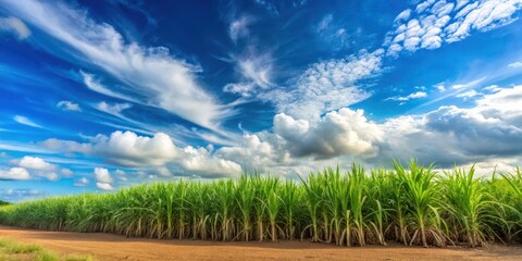 A sugarcane field under a brilliant blue sky with a few white clouds scattered across it