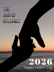 Happy Father's Day 2026. The arm of reliance. Silhouette of a father's hand holding his son with love and care. The sunset background. Cover photo for books, wallpaper. Modern Father's day template.