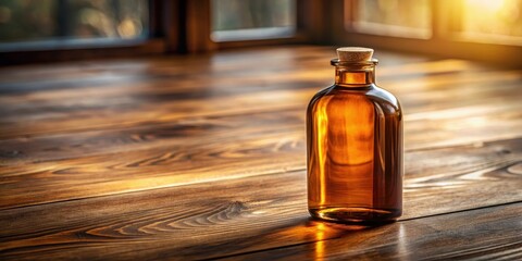 Elegant amber bottle sits atop a clean wooden table