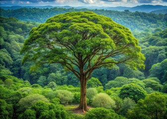 Dense forest with a solitary tree standing tall amidst the canopy