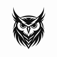 Striking graphic of an owl head, minimalistic black and white silhouette
