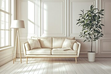 Fototapeta premium Elegant Minimalist Living Room with Cream Sofa, Floor Lamp, and Potted Plant Near Window