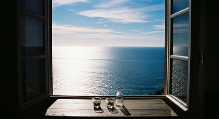 Open Window View of Sparkling Ocean with Drinks on Wooden Surface