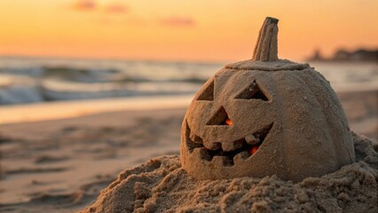 Close Up of Sandcastle Shaped Like Halloween Pumpkin Jack O Lantern on Beach Shore