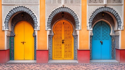 Naklejka premium Moroccan Architectural Arched Doorways: Three Colored Doors (Yellow/Pattered Yellow/Blue), White-Gray Plaster Carvings, Warm Orange-Red Walls, Pattered Tile Floor