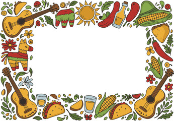 Naklejka premium Mexican Independence Day Frame with Sombrero, Chili Peppers in Whimsical Doodle Style