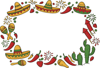 Mexican Independence Day Frame with Sombrero, Chili Peppers in Whimsical Doodle Style