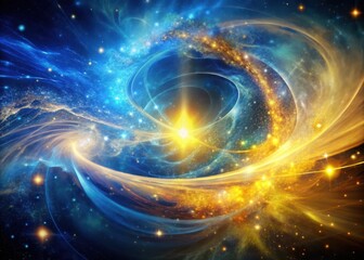 Swirling cosmic nebula with vibrant blue and gold energy waves suspended in space