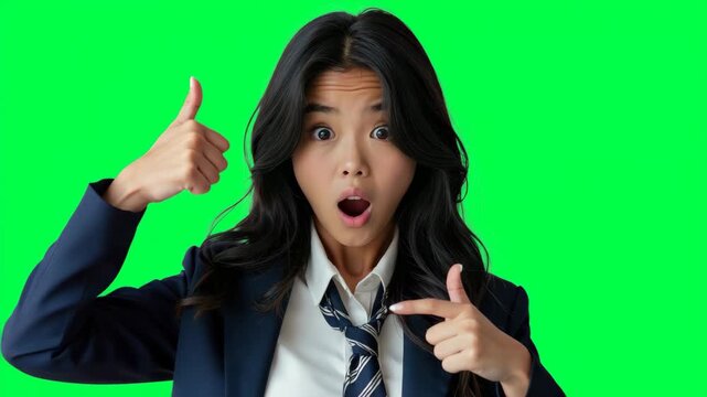 Japanese student in a blazer gives a thumbs up in front of a Isolated on Green Screen Background