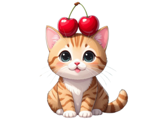 Cat Balancing Cherries on Head Cartoon PNG