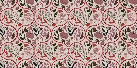 Autum Winter Pattern Background Illustration For Cover, Banner, Notes. Fall Winter Aesthetic Background.  Plant And Flower Pattern Background.