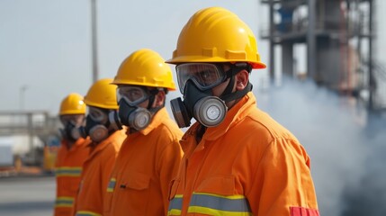 Fototapeta premium Group of workers wearing safety gear and helmets at industrial site