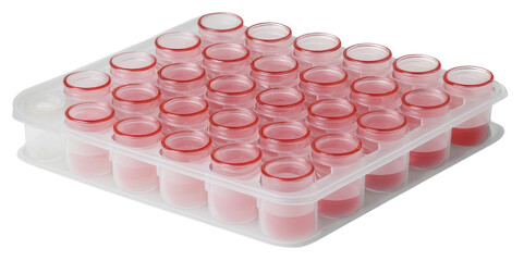 Red capped laboratory vials in transparent tray, isolated on transparency background