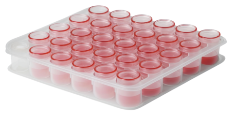 Red capped laboratory vials in transparent tray, isolated on transparency background