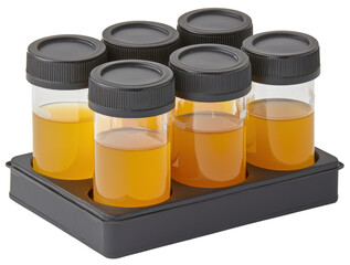 Six transparent sample containers with orange liquid on black holder