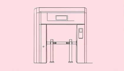 Minimalist technical line drawing of an automatic security turnstile gate, representing controlled access and passage