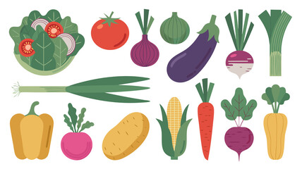 Isolated on white background, a colorful assortment of fresh vegetables including tomatoes, onions, eggplants, leeks, potatoes, beets, corn, peppers, and carrots