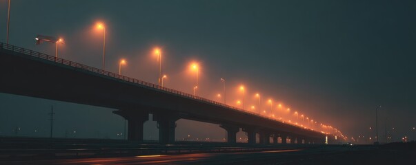 Misty highway bridge at night