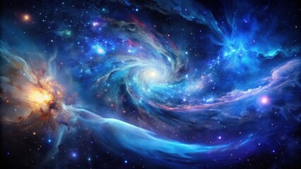 Cosmic canvas with swirling stars and vibrant hues of indigo and sapphire against a deep