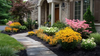 Obraz premium Front yard landscaping with colorful flowers and pathway