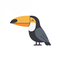 Obraz premium Cute cartoon toucan with a large yellow beak standing with a happy closed eye Flat design vector illustration.