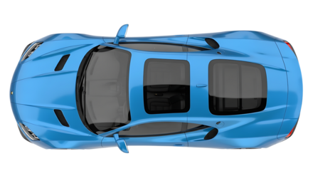 Aerial view of a shiny blue car with black windows isolated on a transparent background