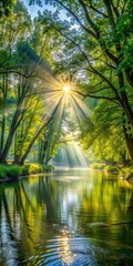Obraz premium Rays of sunlight filtering through trees along a serene river