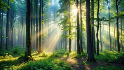 Dense forest with tall trees and a misty atmosphere