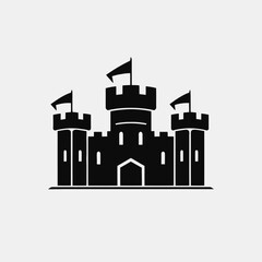 Fototapeta premium Majestic medieval castle with flags against white background architectural element silhouette