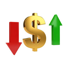 Obraz premium Golden dollar sign with a red down arrow and a green up arrow isolated on a transparent background