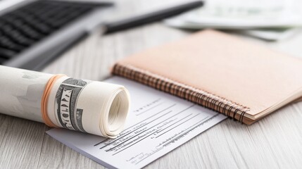 Money Roll on Loan Application Form with Calculator and Notebook