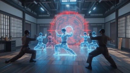 Futuristic martial arts training with virtual reality, mastering combat techniques