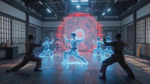 Futuristic martial arts training with virtual reality, mastering combat techniques